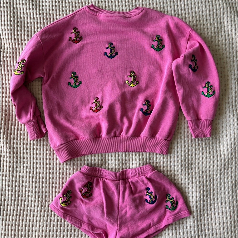 Mini Rodini anchor embroidered pink sweatshirt 116/122 5-7Y with matching shorts - Picture 5 of 7